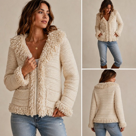 Handmade Sweaters - Vintage 90s Ecuador Hand Knit 100% Wool Shaggy Fringe Collar Zip Sweater Jacket